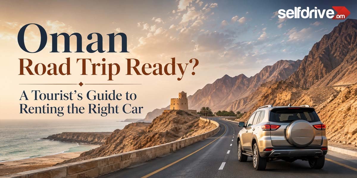Oman road trip with rental SUV along a scenic coastal mountain road | SelfDrive Oman